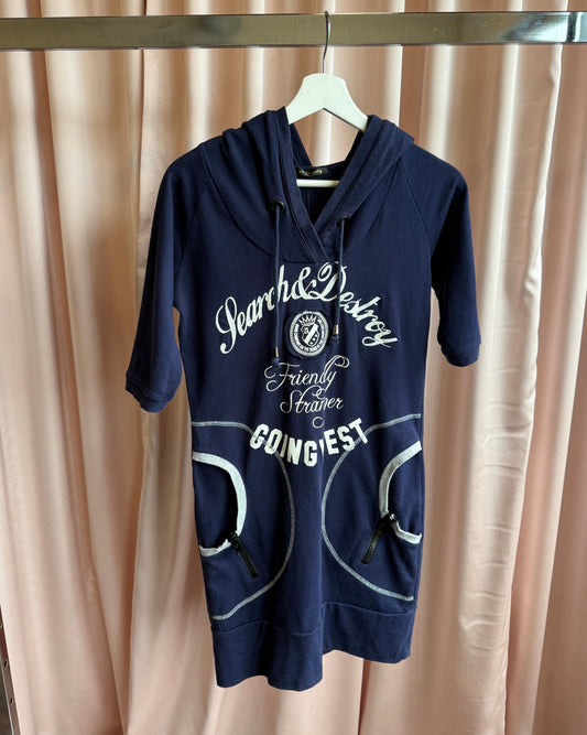 Japanese Brand Navy "Search & Destroy" Graphic Hooded Mini Dress