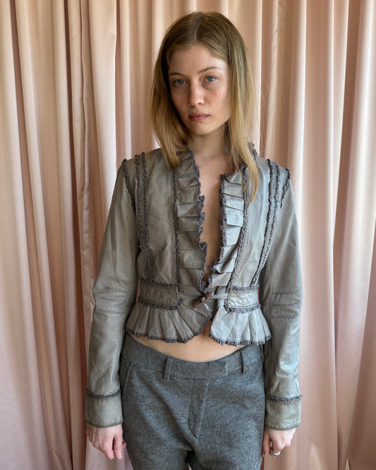 Genuine Leather Grey Ruffle Trim Horn Toggle Closure Jacket