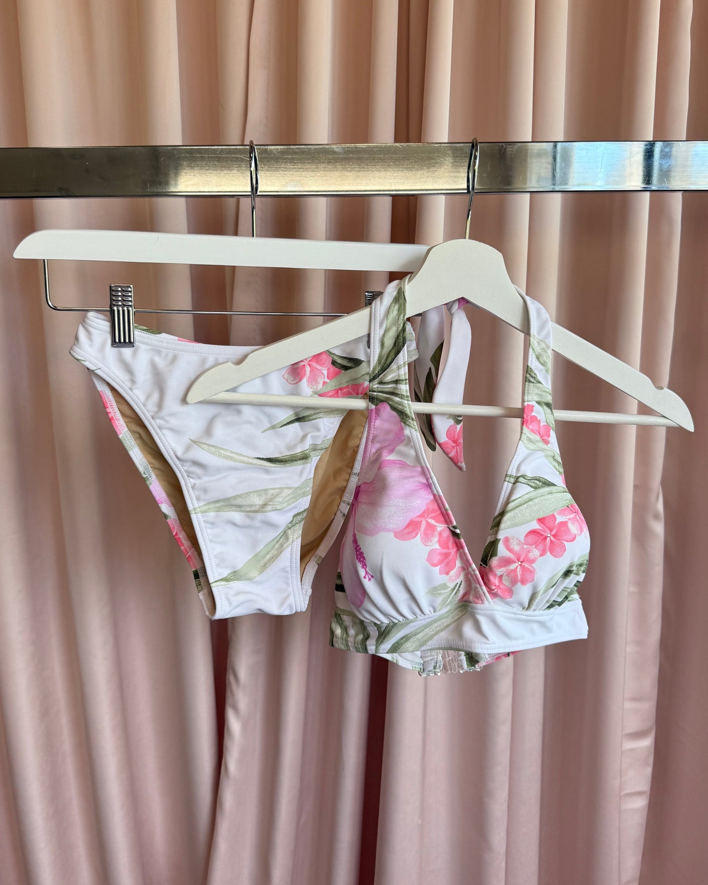 Japanese Brand Rhinestone White & Pink Floral Print High Cut Bikini