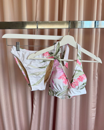 Japanese Brand Rhinestone White & Pink Floral Print High Cut Bikini