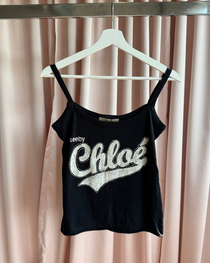 See by Chloé Rhinestone Logo Black Tank Top