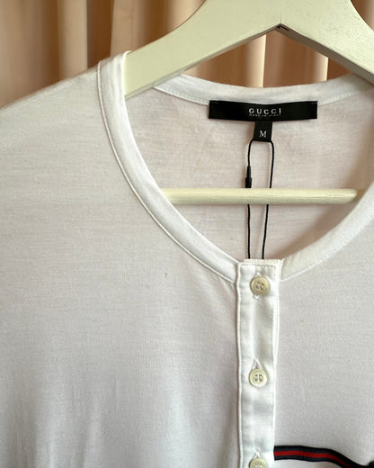 Gucci 2006 Stripe Logo Bow White Modal Henley Short Sleeve T-Shirt