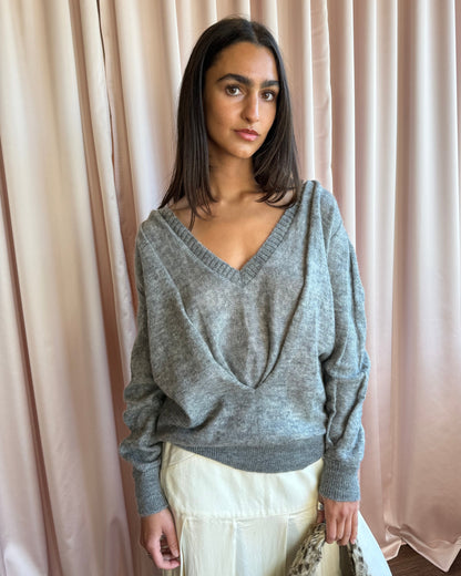 Antwerp Designer Mohair Blend Grey Double V-Neck Sweater