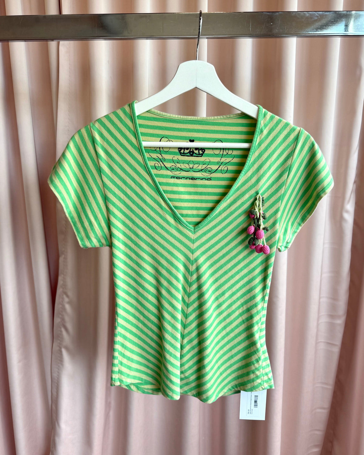 Italian Brand Crochet Detail Striped Green V-Neck Top