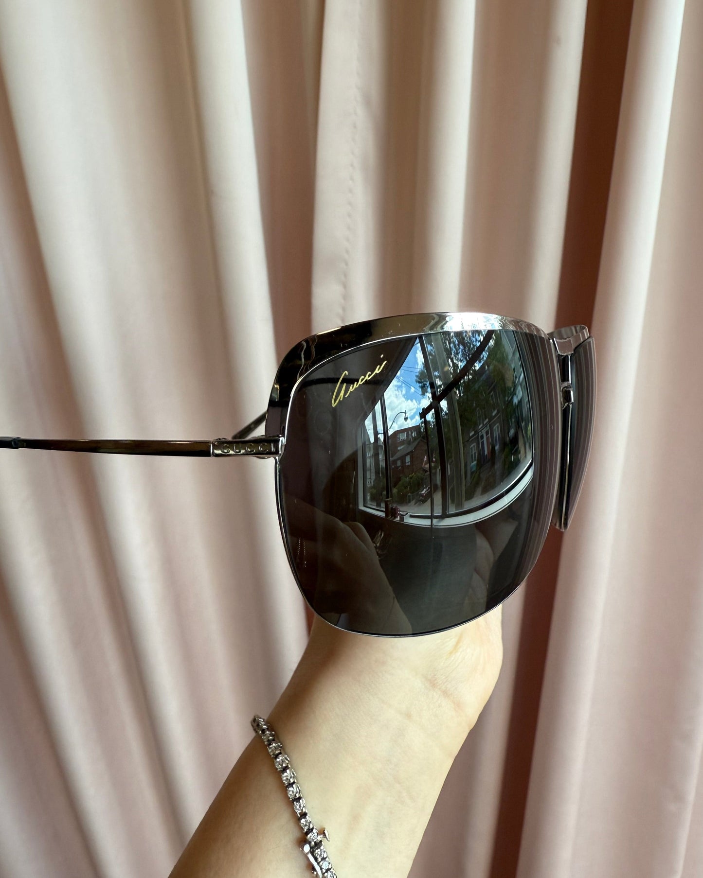 Gucci Silver Tone Half Rim Oversized Aviator Sunglasses