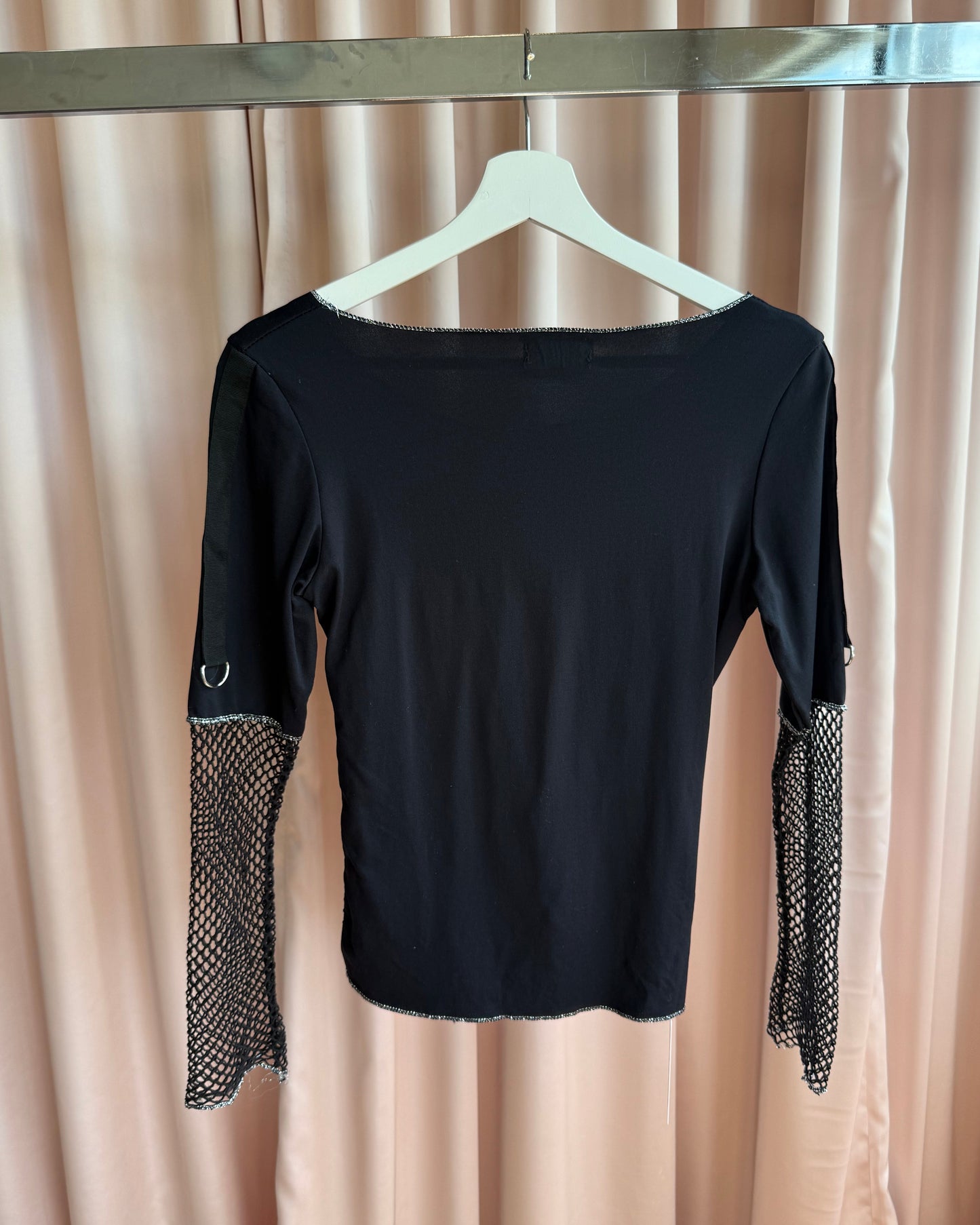 Italian Brand Black Fishnet Panel Long Sleeve Top