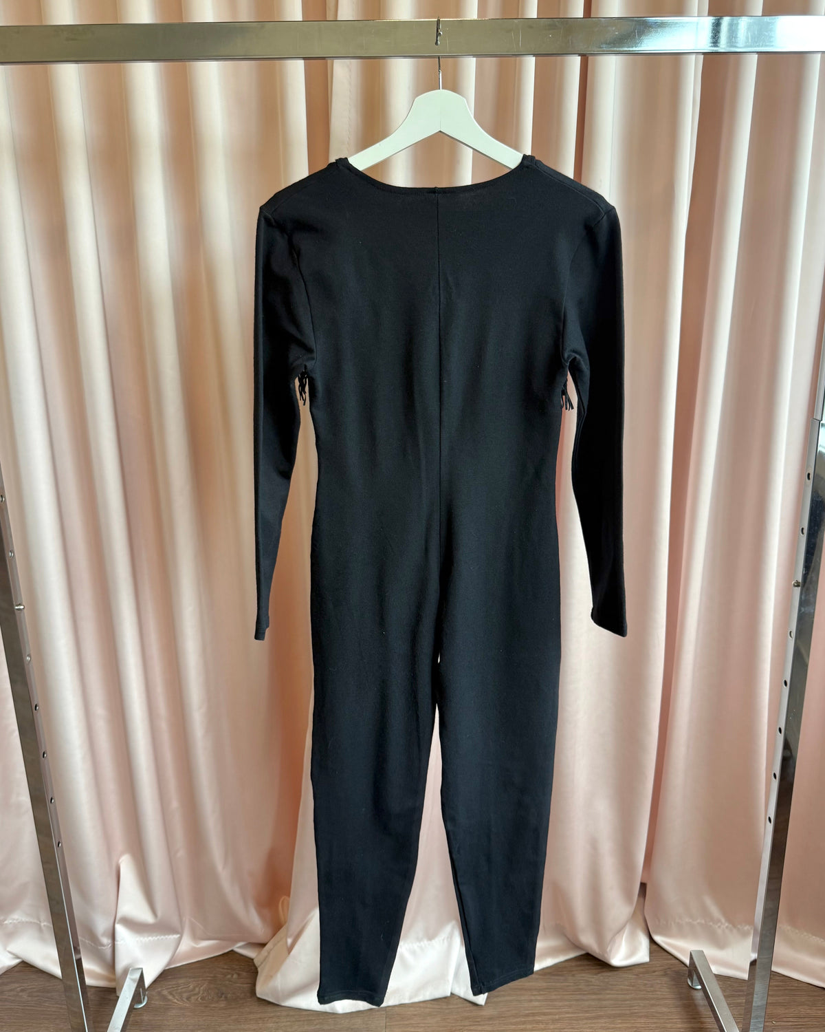 Parisian Brand 1990's Black Lace Up Fringe Neckline Long Sleeve Jumpsuit