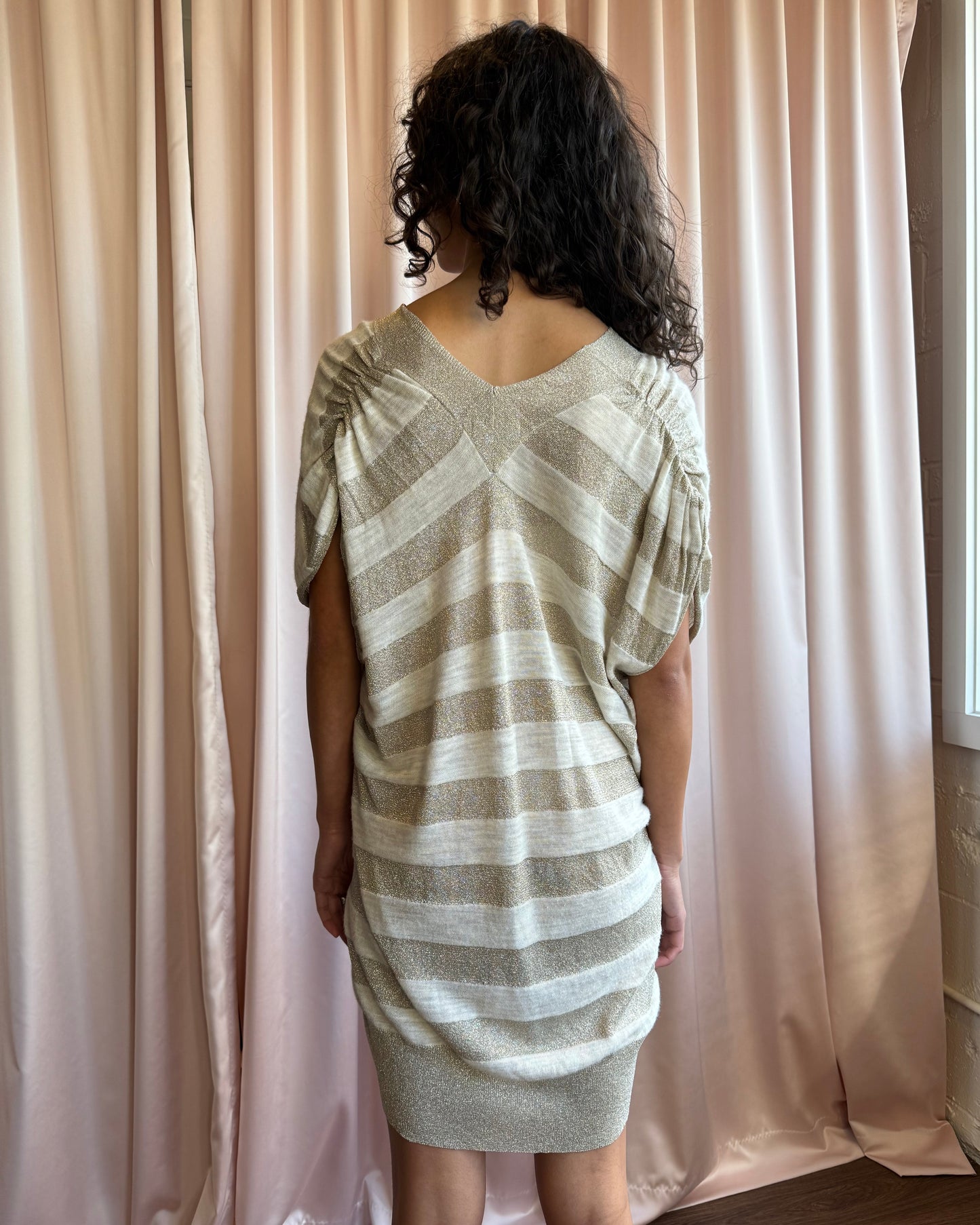 Japanese Brand Shimmer Striped Knit V-Neck Mini Dress