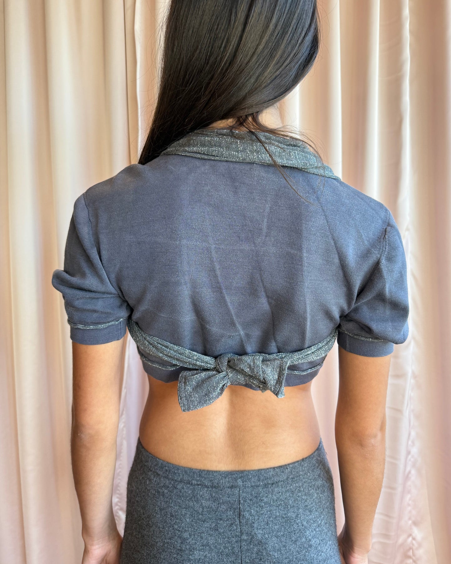 Italian Brand Silk Lamé Tie Up Crop Top