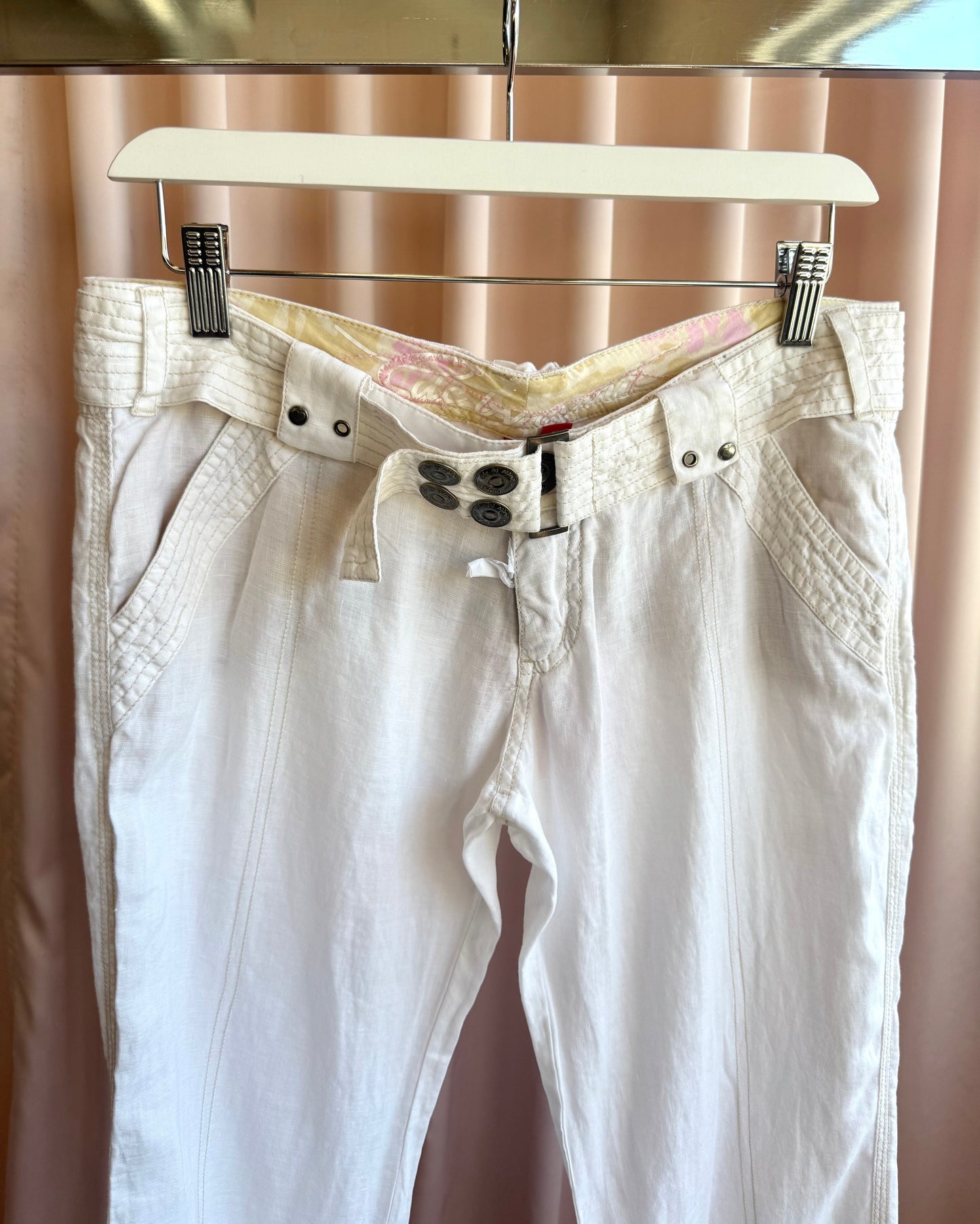 2000's EDC by Esprit Deadstock Cream White Linen Belted Wide Leg Pants