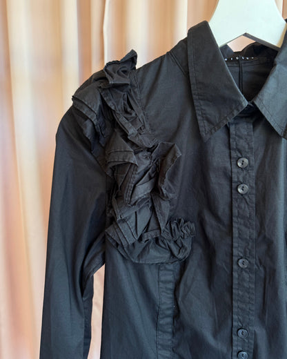French Brand Black Rosette Shoulder Cotton Dress Shirt