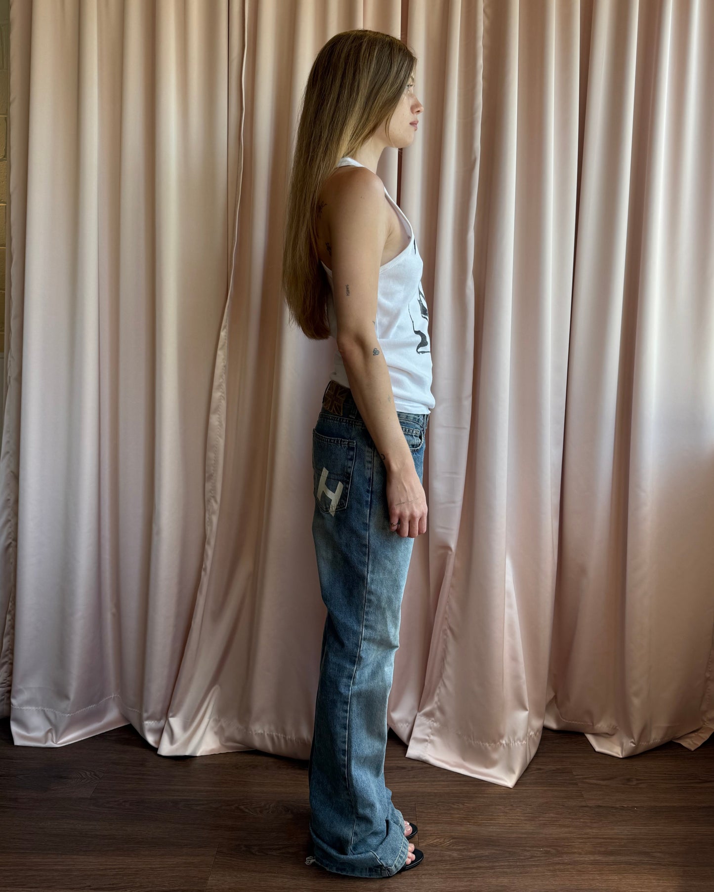 Richmond Denim “RICH” White Spell Out Flare Leg Jeans