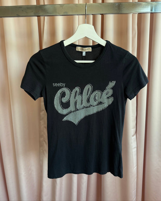 See by Chloé Black Rhinestone Logo T-Shirt
