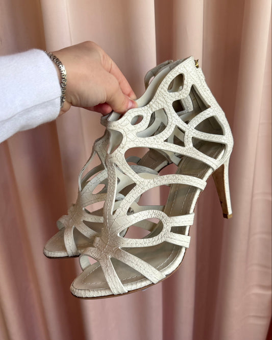 Dior White Python Embossed Leather Cut Out Heel Sandals