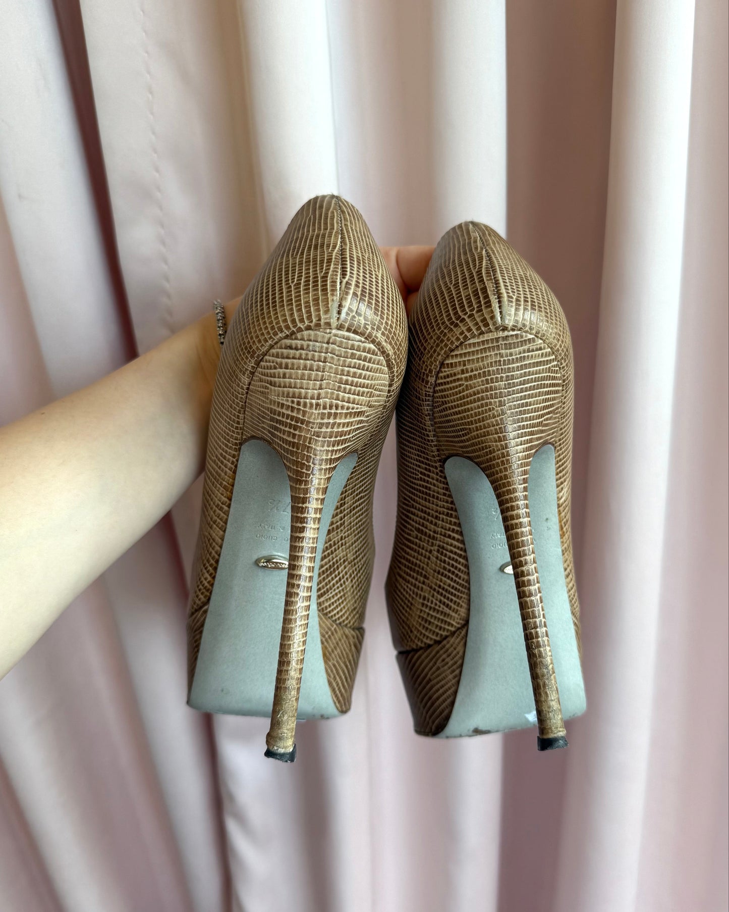 Sergio Rossi Snake Print Leather Peep Toe Pumps