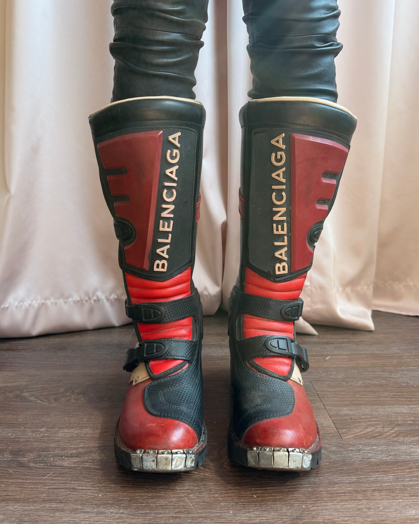 Balenciaga F/W 2017 Red & Black Leather Motorcycle Boots