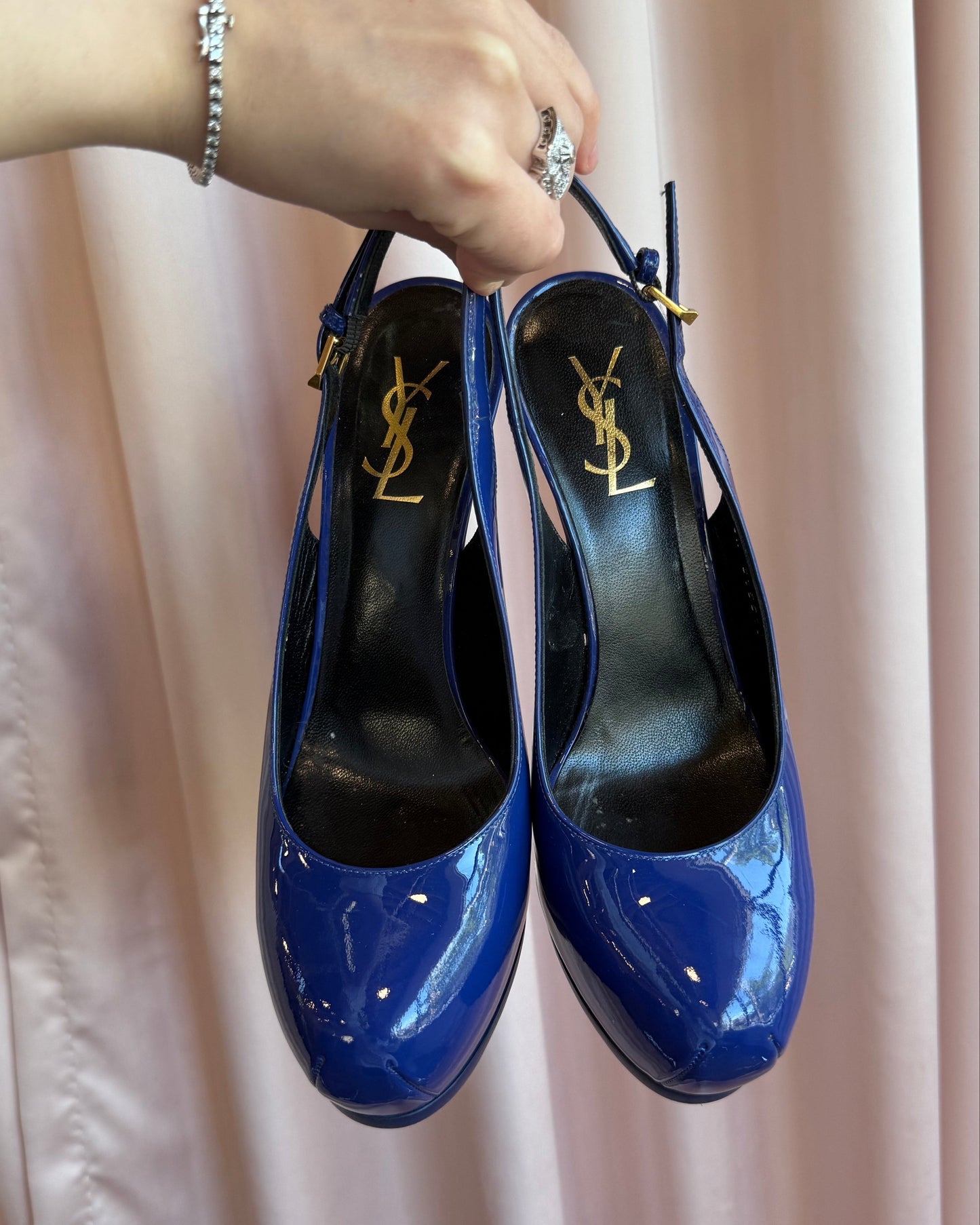Saint Laurent YSL Cobalt Blue Patent Leather Slingback Tribtoo Pumps