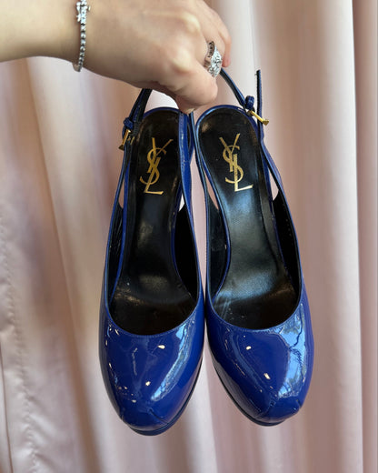 Saint Laurent YSL Cobalt Blue Patent Leather Slingback Tribtoo Pumps