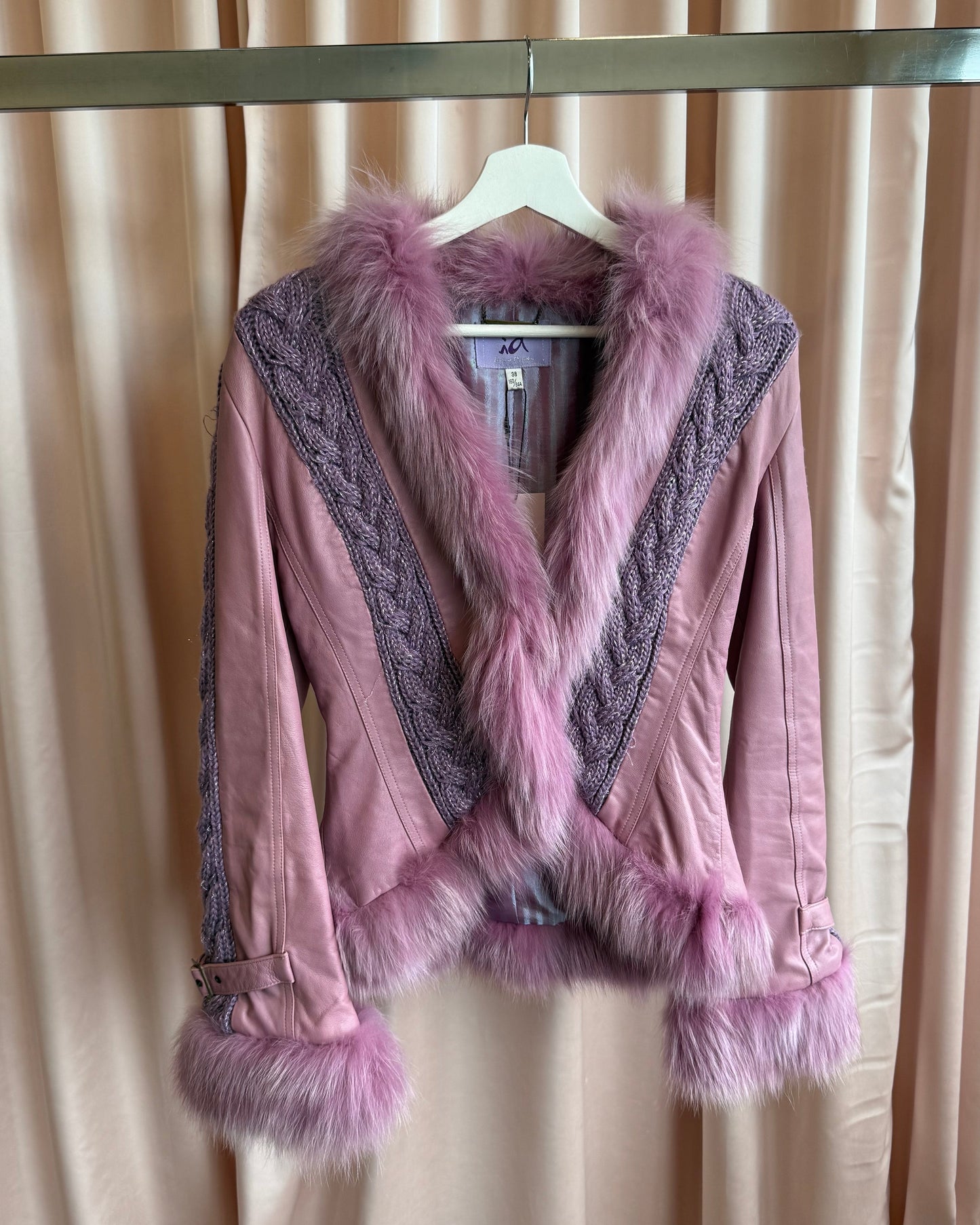 Purple Fox Fur Trim Cable Knit Panelled Sheepskin Leather Jacket