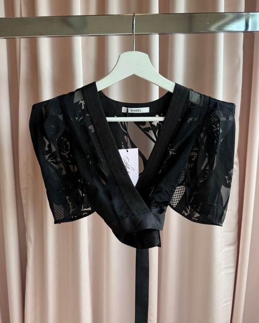 Japanese Brand Cropped Black Floral Wrap Top