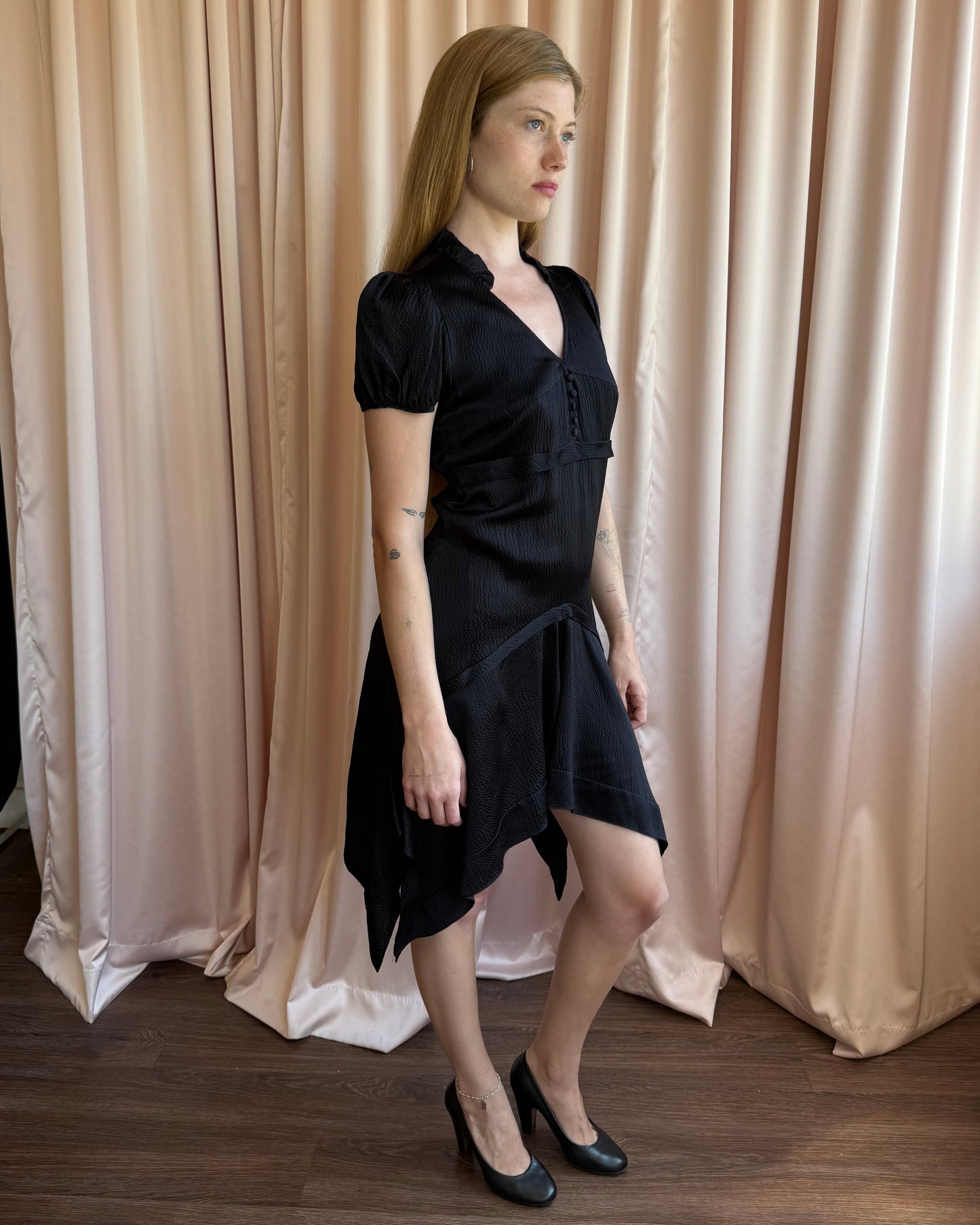 Balenciaga 2007 by Nicolas Ghesquière Black 100% Silk Puff Sleeve Dress