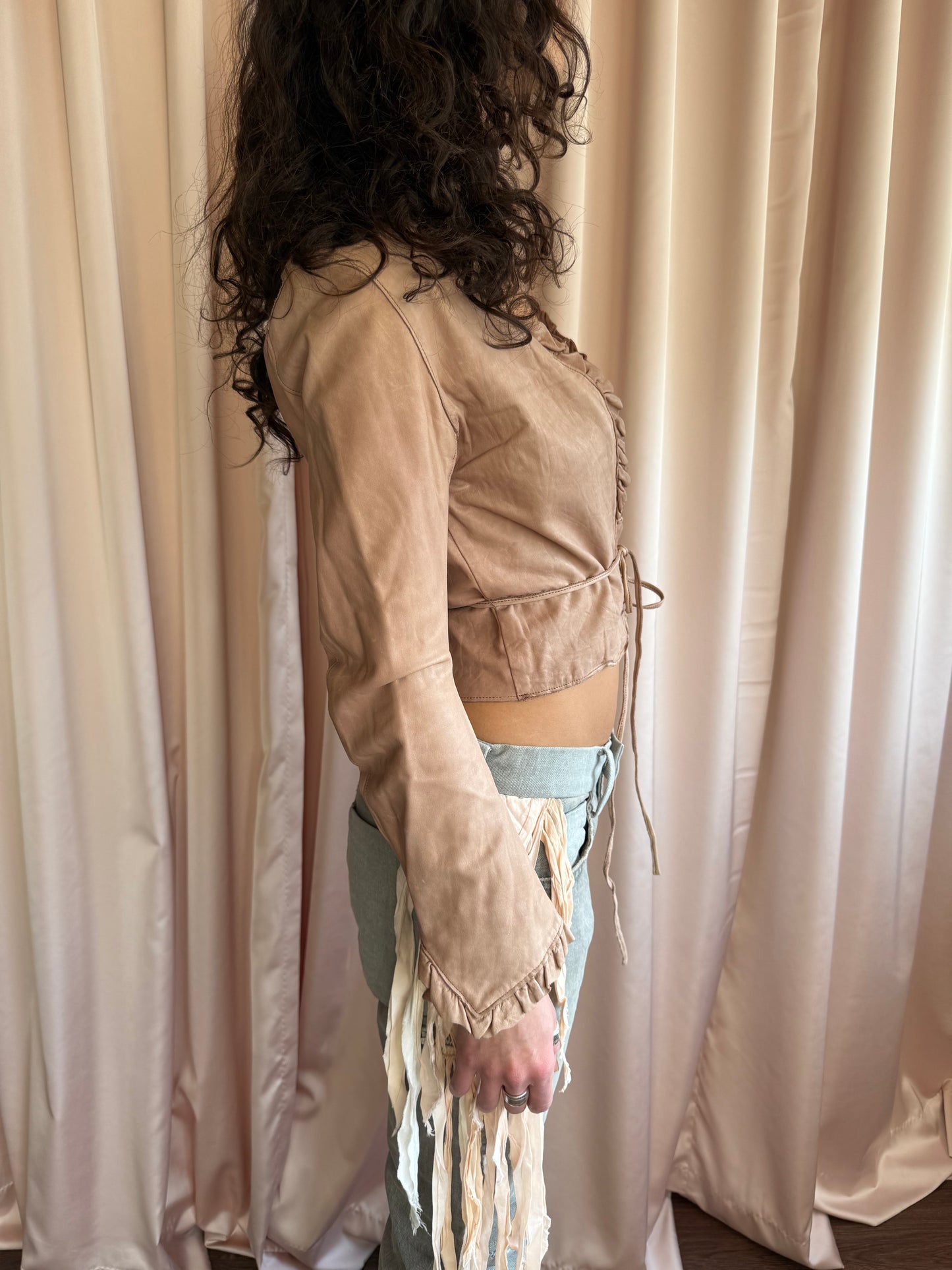 Sisii Faded Pink Ruffle Trim Waist Tie Leather Jacket