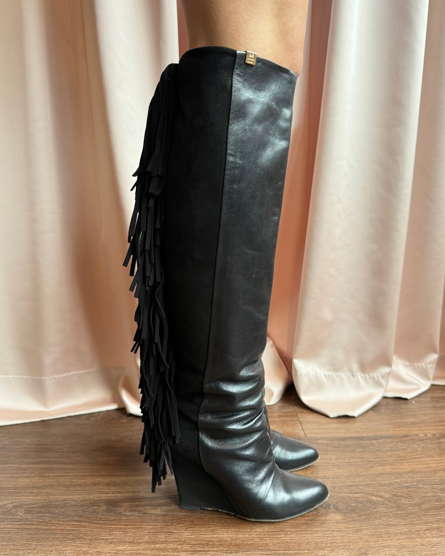 Italian Designer Black Suede & Leather Fringe Boots