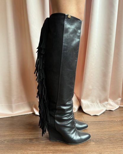 Italian Designer Black Suede & Leather Fringe Boots