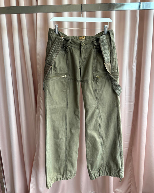 Japanese Brand Khaki Suspender Low Rise Wide Leg Cargo Pants