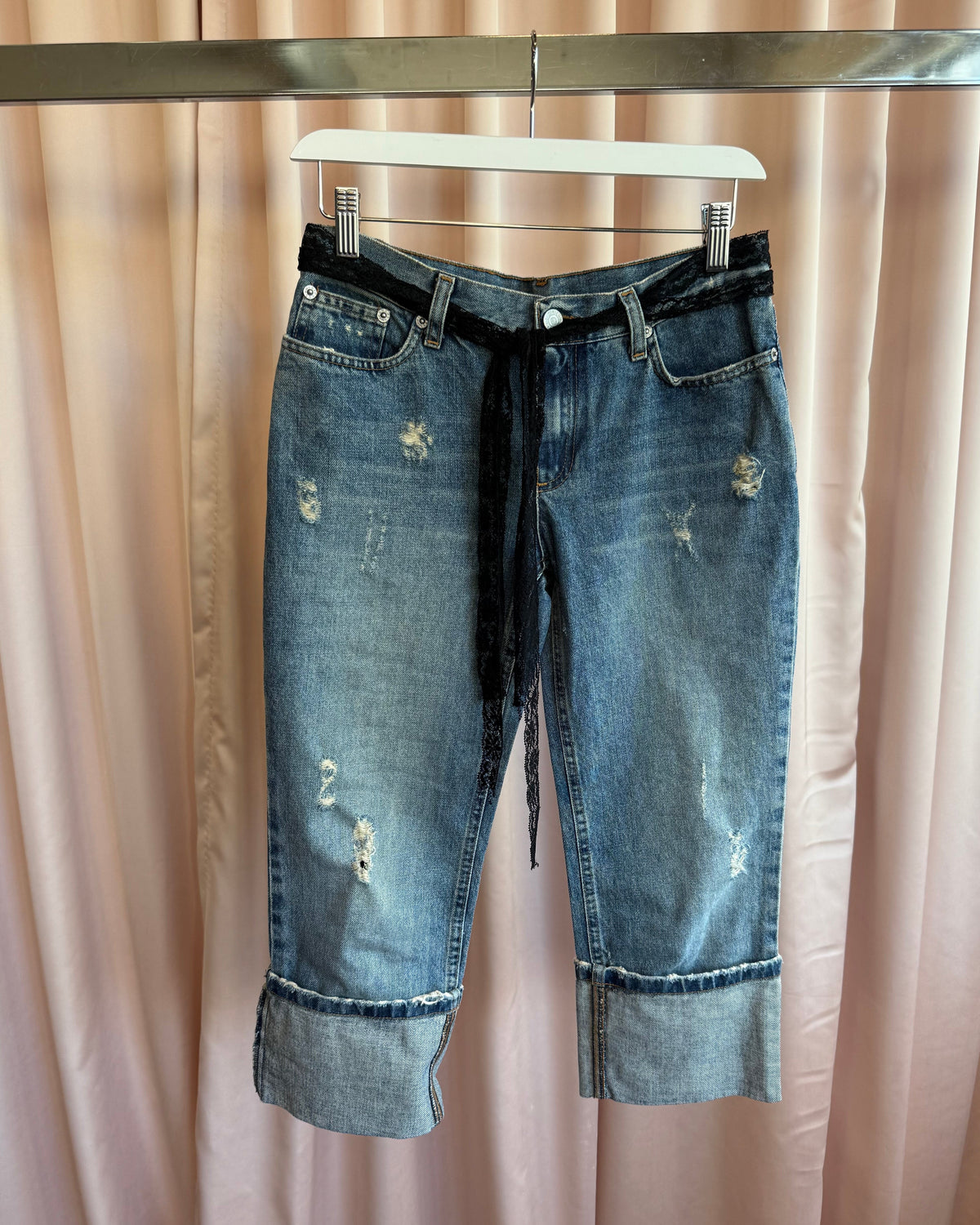 Richmond Black Lace Spell Out Belted Distressed Cropped Denim