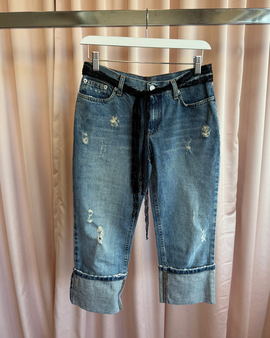 Richmond Black Lace Spell Out Belted Distressed Cropped Denim