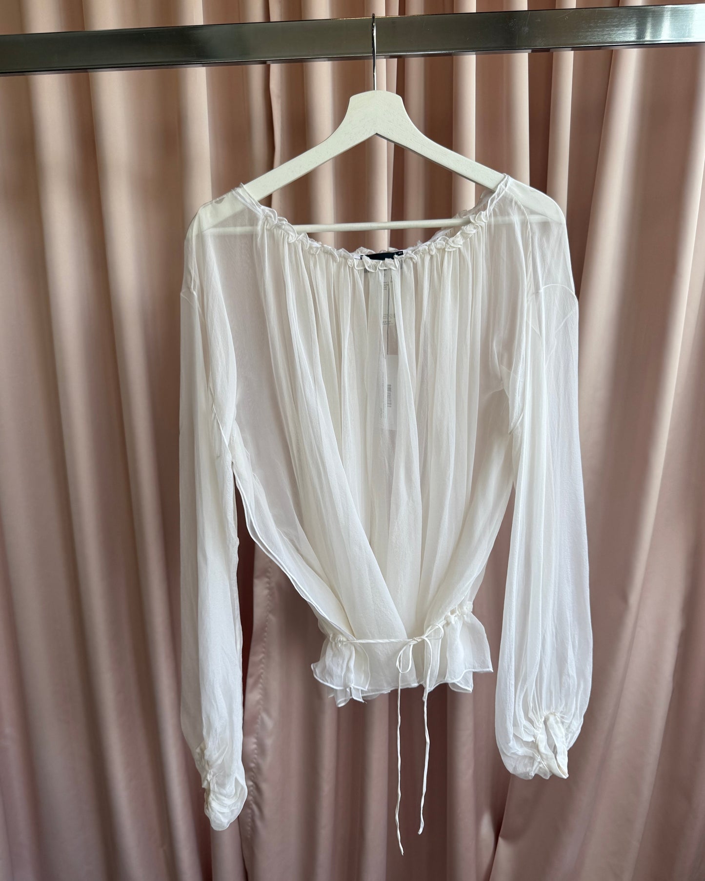 John Richmond Sheer White 100% Silk Bishop Sleeve Blouse
