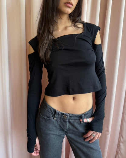Helmut Lang Black Shoulder Cut Out Thumb Hole Long Sleeve Top