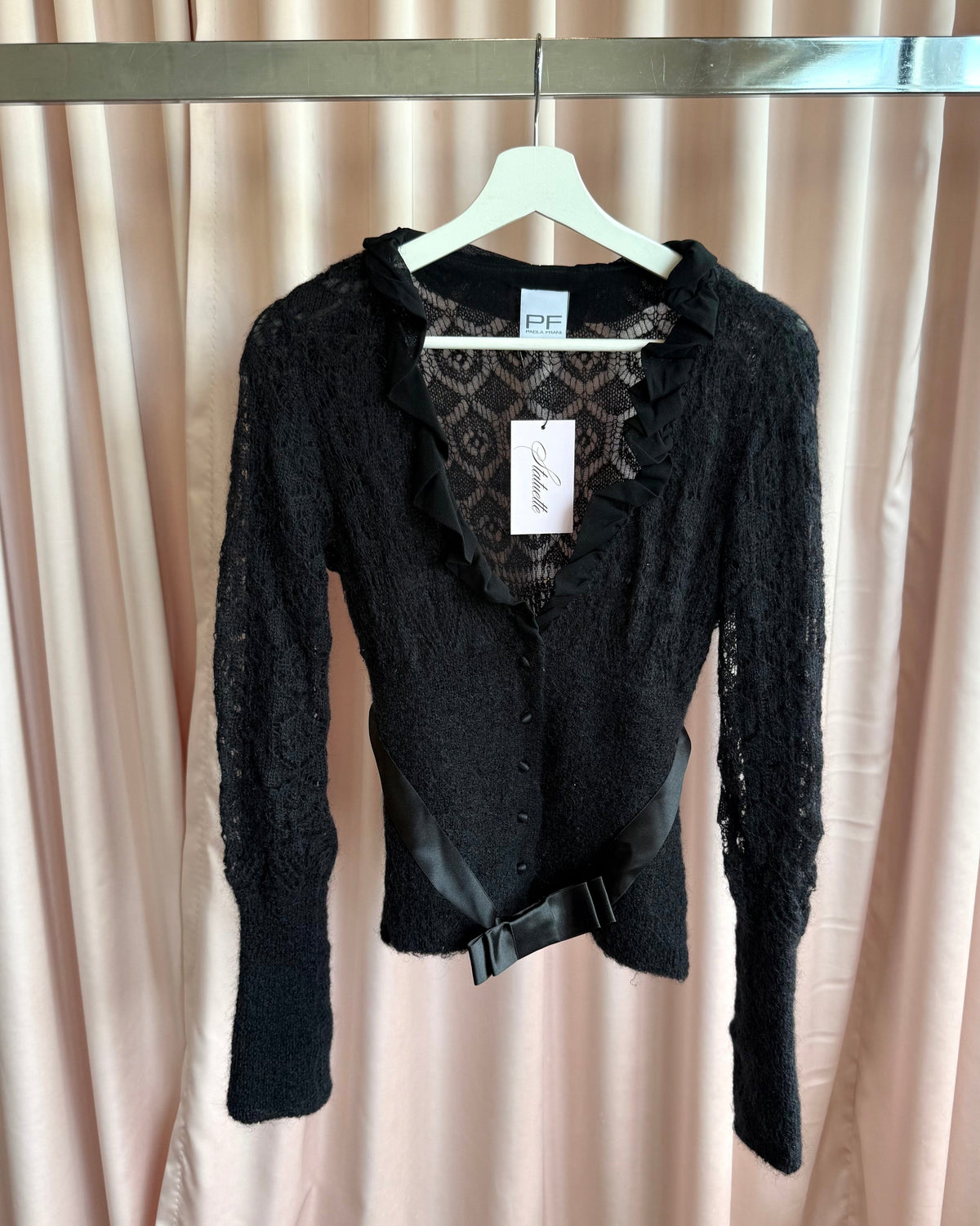 Italian Designer Black Mohair Mesh Bow Belt Cardigan Top
