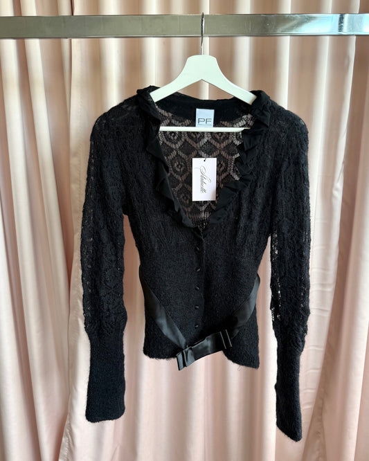 Italian Designer Black Mohair Mesh Bow Belt Cardigan Top
