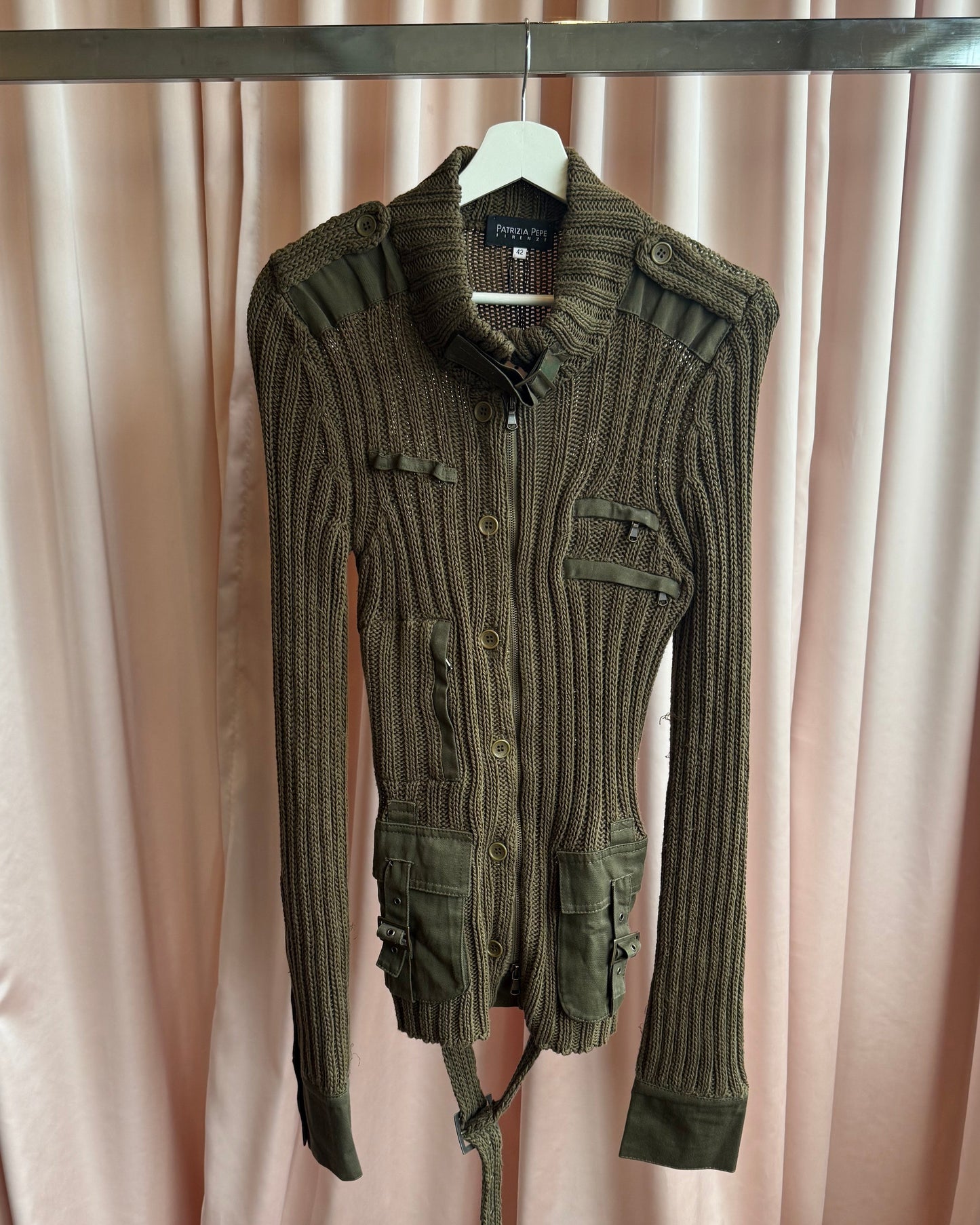 Patrizia Pepe Utility Cargo Khaki Knit Belted Jacket