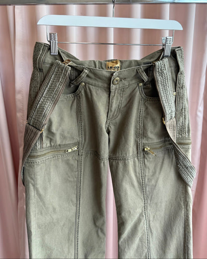 Japanese Brand Khaki Suspender Low Rise Wide Leg Cargo Pants