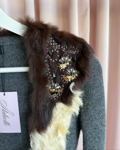 Japanese Brand Beaded Rabbit & Lamb Fur Collar Knit Shrug