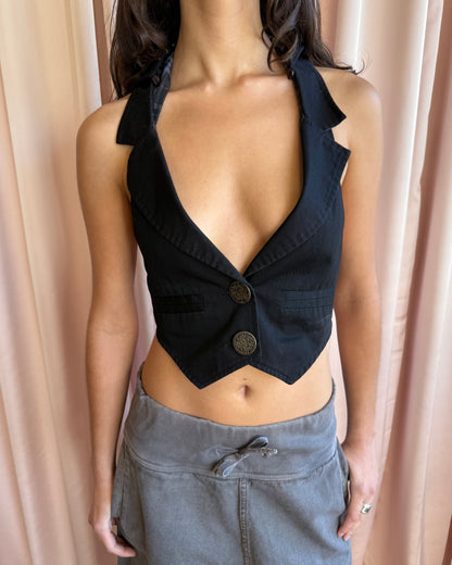 Japanese Brand Black Detachable Hood Cropped Vest