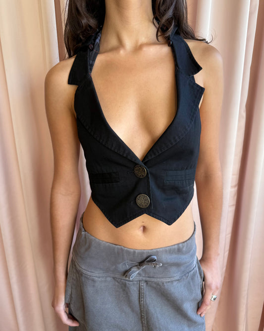 Japanese Brand Black Detachable Hood Cropped Vest