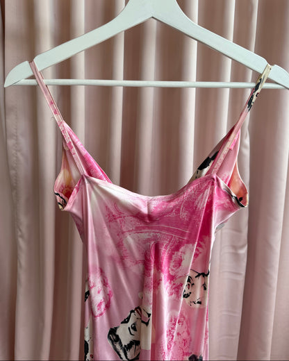 Jeff Gallano 100% Silk Pink Pin Up Print Bias Cut Dress *As Is*