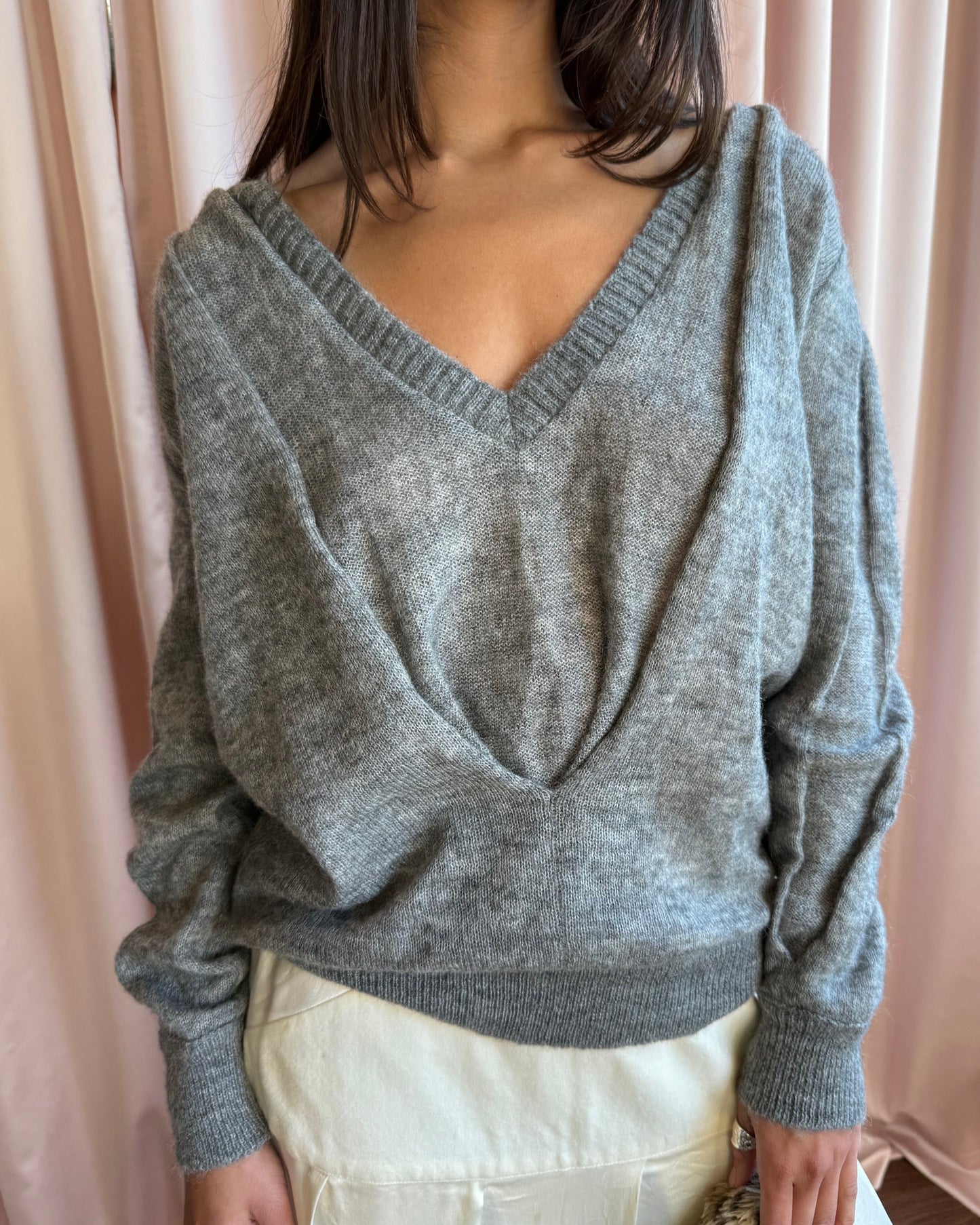 Antwerp Designer Mohair Blend Grey Double V-Neck Sweater