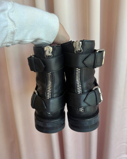 Gucci Logo Engraved Black Leather Engineer Ankle Boots