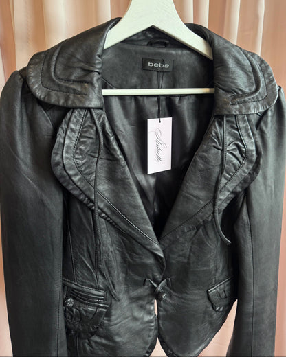 Bebe Black Genuine Leather Toggle Drawstring Blazer Jacket