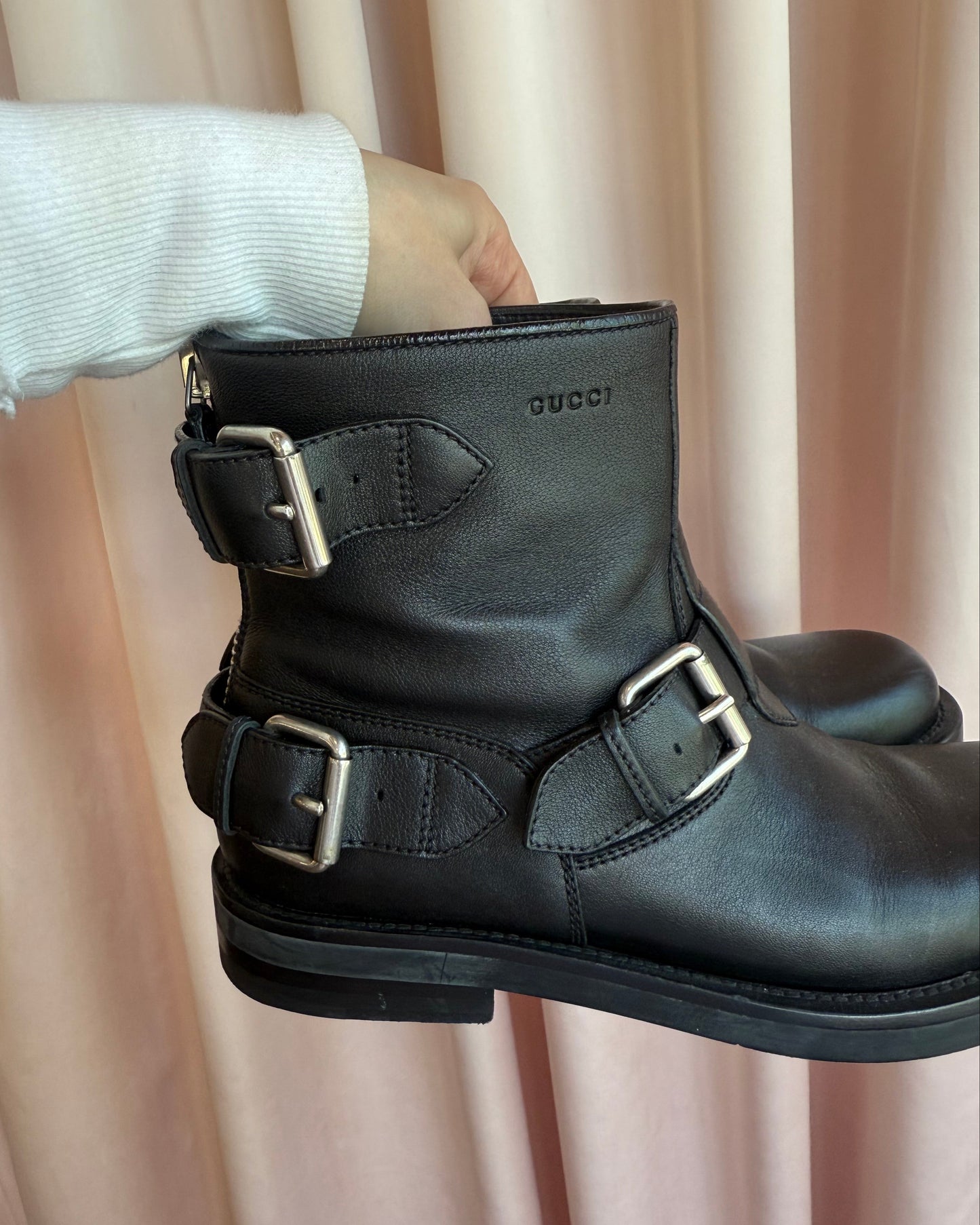 Gucci Logo Engraved Black Leather Engineer Ankle Boots
