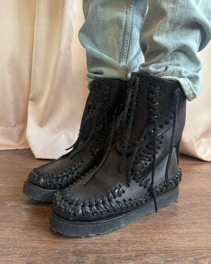 Zucca Black Leather Fringe Moccasin Boots