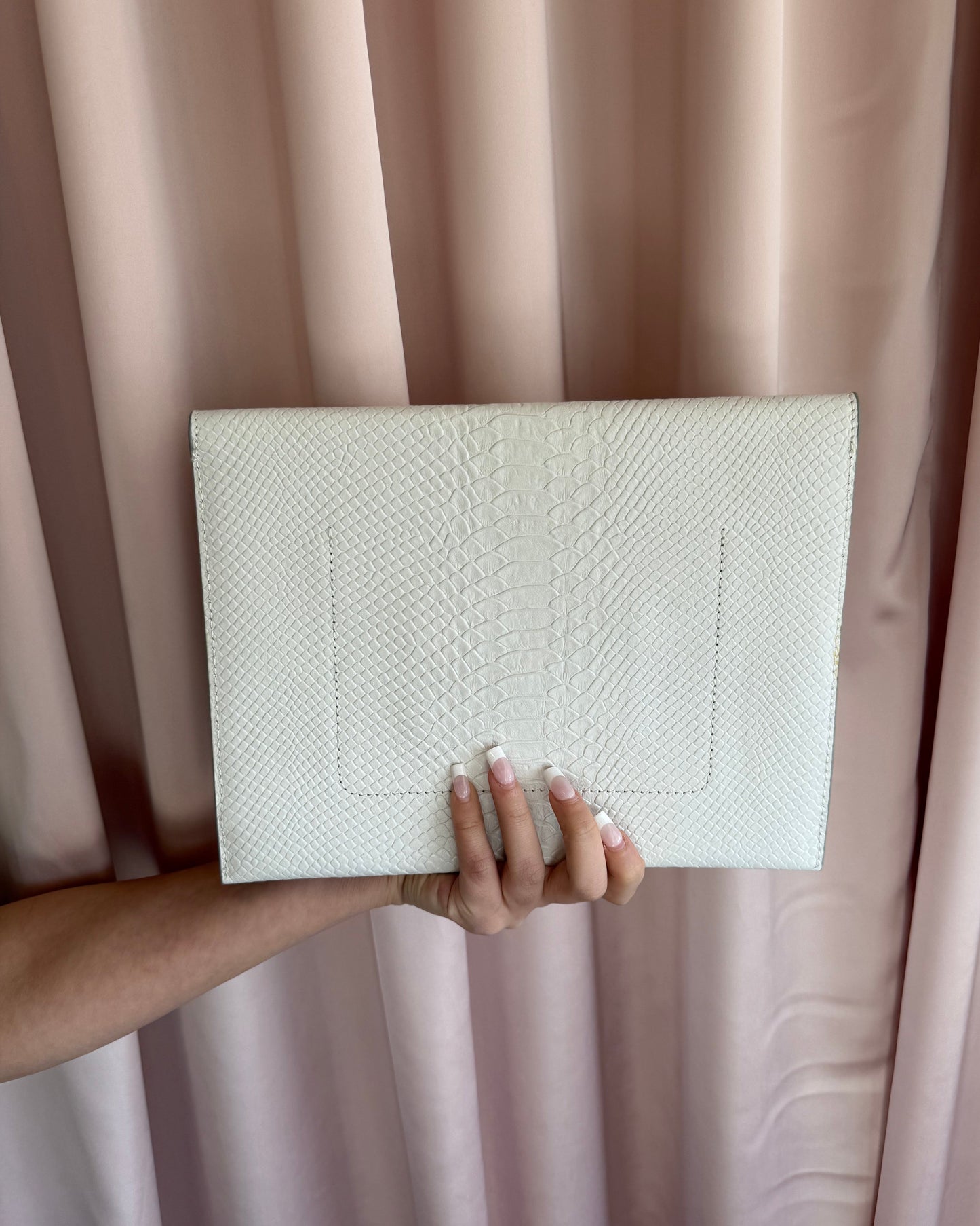 Embossed White Leather Envelope Clutch
