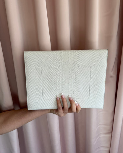 Embossed White Leather Envelope Clutch