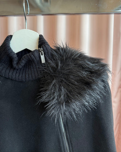 BCBGMaxazria Faux Fur Trim Black Cape Poncho Jacket