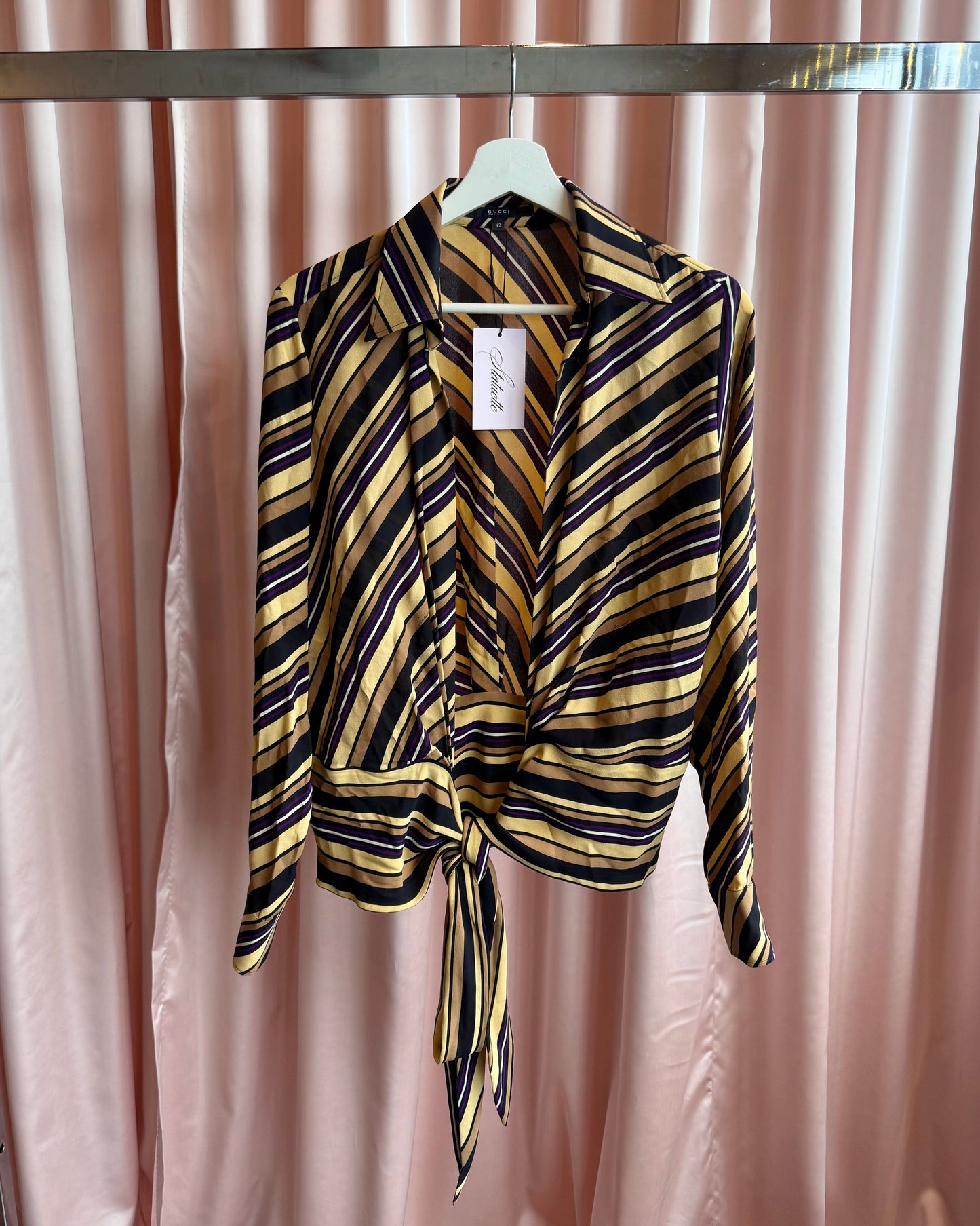 Gucci F/W 2006 by Frida Giannini Striped Silk Low Cut Tie Blouse